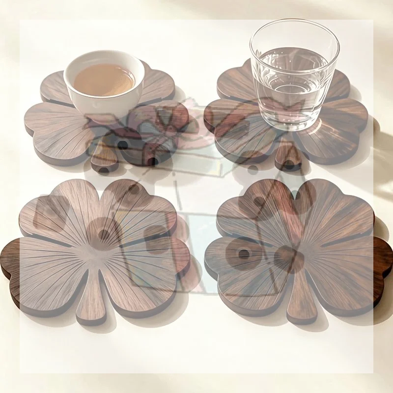 【CC】4Pcs 2D Flat Palm Leaf Wooden Coasters, Luxurious Desktop Protection Coaster Set For Coffee And Tea Cups Decoration