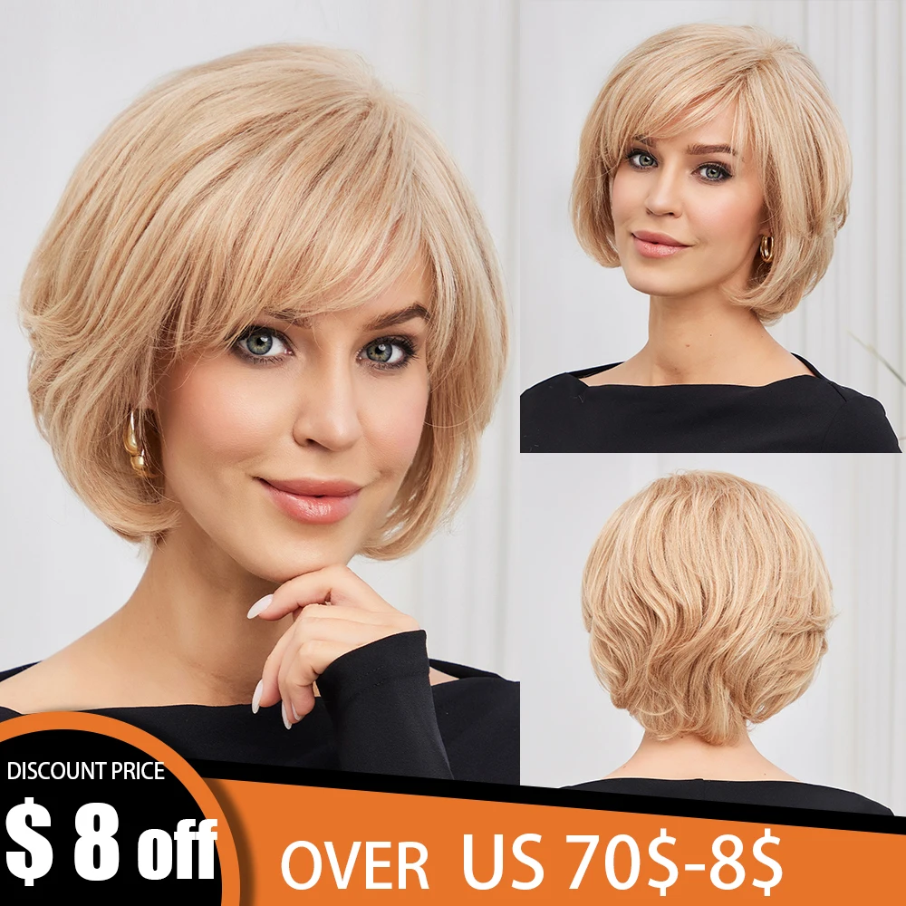 

HAIRCUBE Short Blonde Wig for Women Hand-Tied HD Lace Front Remy Human Hair Wig Natural Layered Bob Wig with Bangs Glueless Wigs