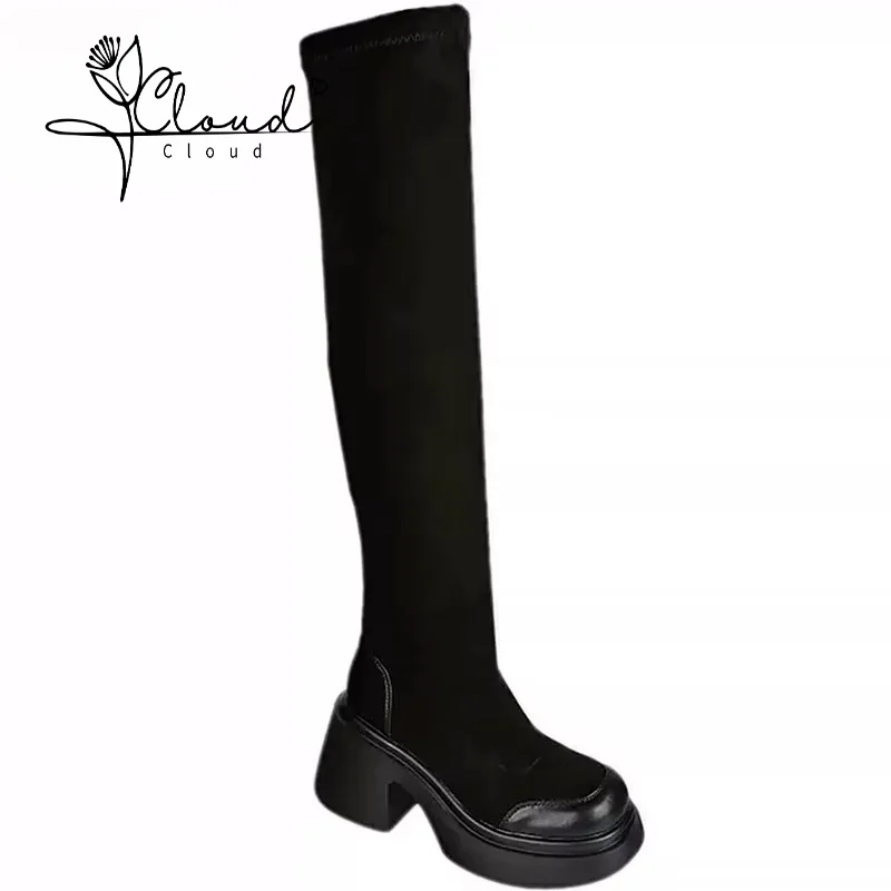 

High Women Snow Long Over-the-knee Boots Women's Winter Knight Western Fashion Trend Women Thick Heel Round Head Platform Shoes