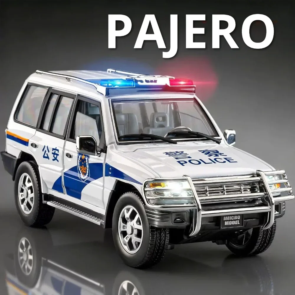 1:18 Mitsubishi Pajero Police Car Cruiser LC300 SUV Model Toy Pull Back Music Light Doors Opened Vehicles Models Shelf Display