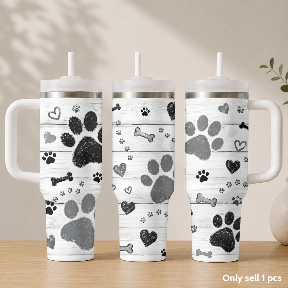 The footprints of the cute puppy Vacuum Flasks 40oz Stainless Steel Insulated Tumbler with Handle & Straw Leakproof Travel Mug