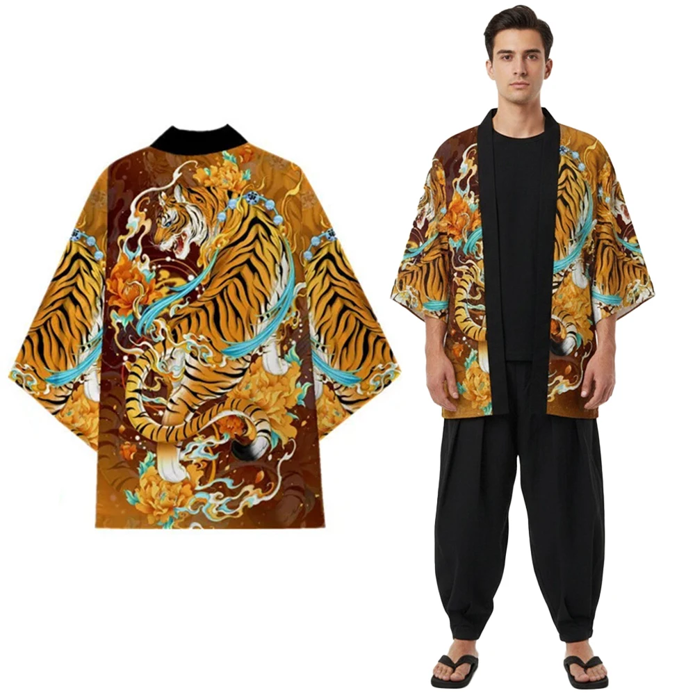 

Japanese Kimono Tiger Pattern Cloak Costume Samurai Role Play Traditional Cardigan Cape Yukata Kimono Halloween Christmas Set