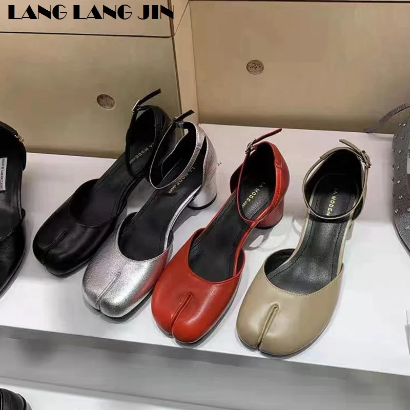 

Women Split Toe Ninja Tabi Pumps Woman 5cm Heels Mary Janes Round Heels Shoes Buckle Strap Shallow Sandals Shoes For Party Mules