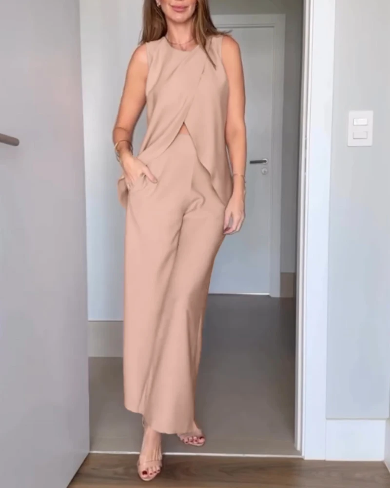 

2025 Summer Sexy Elegant 2 Pieces Outfit Round Neck Sleeveless Asymmetric Design Cut Top Casual Elastic Waist Wide Leg Pants Set