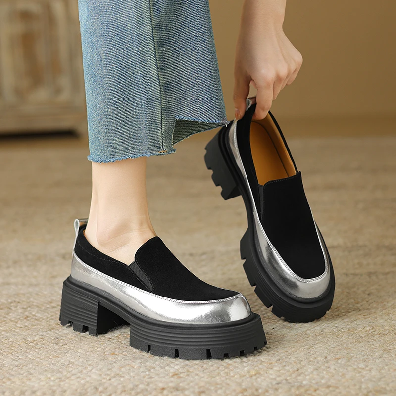 New Platform Women's Loafers Shoes Square Heels Kid Suede Elastic Band Casual Splicing Mixed Colors Retro Style Grinding Texture