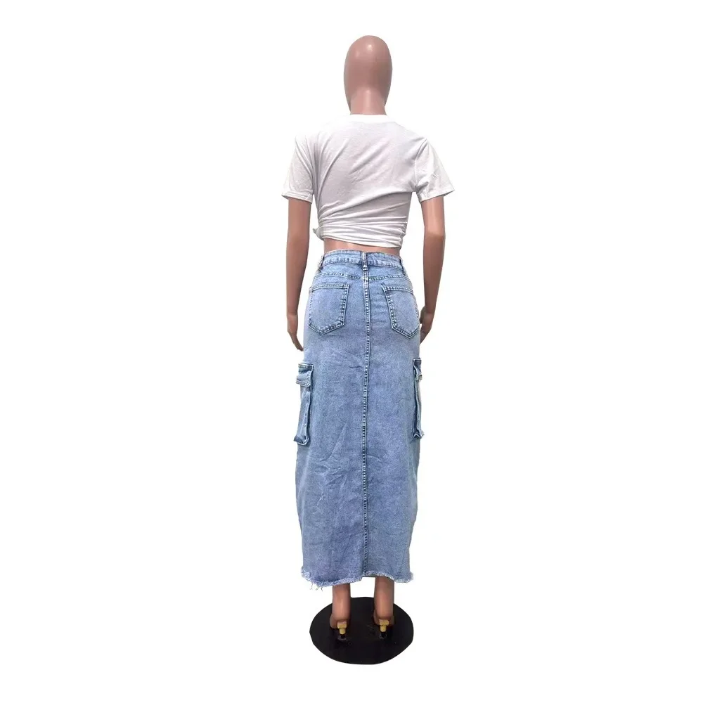 Fashion Women's Stretch Denim Skirt Washed Ripped Pockets Zippers Clothes Chic Sexy Streetwear Ladies Slit Long Skirts