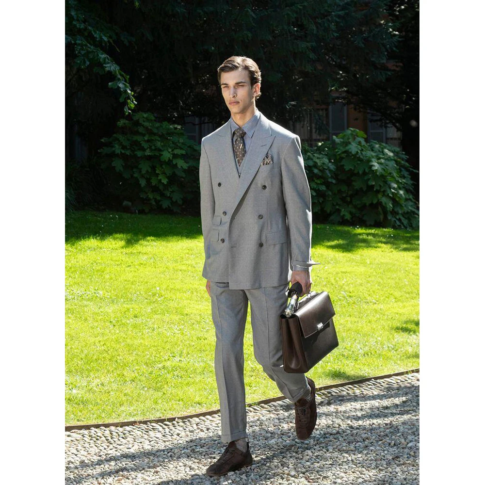 

Luxury Grey Double Breasted Men Suit Two Pieces(Jacket+Pants) Lapel Outfits Chic Casual Party Prom Wedding Set