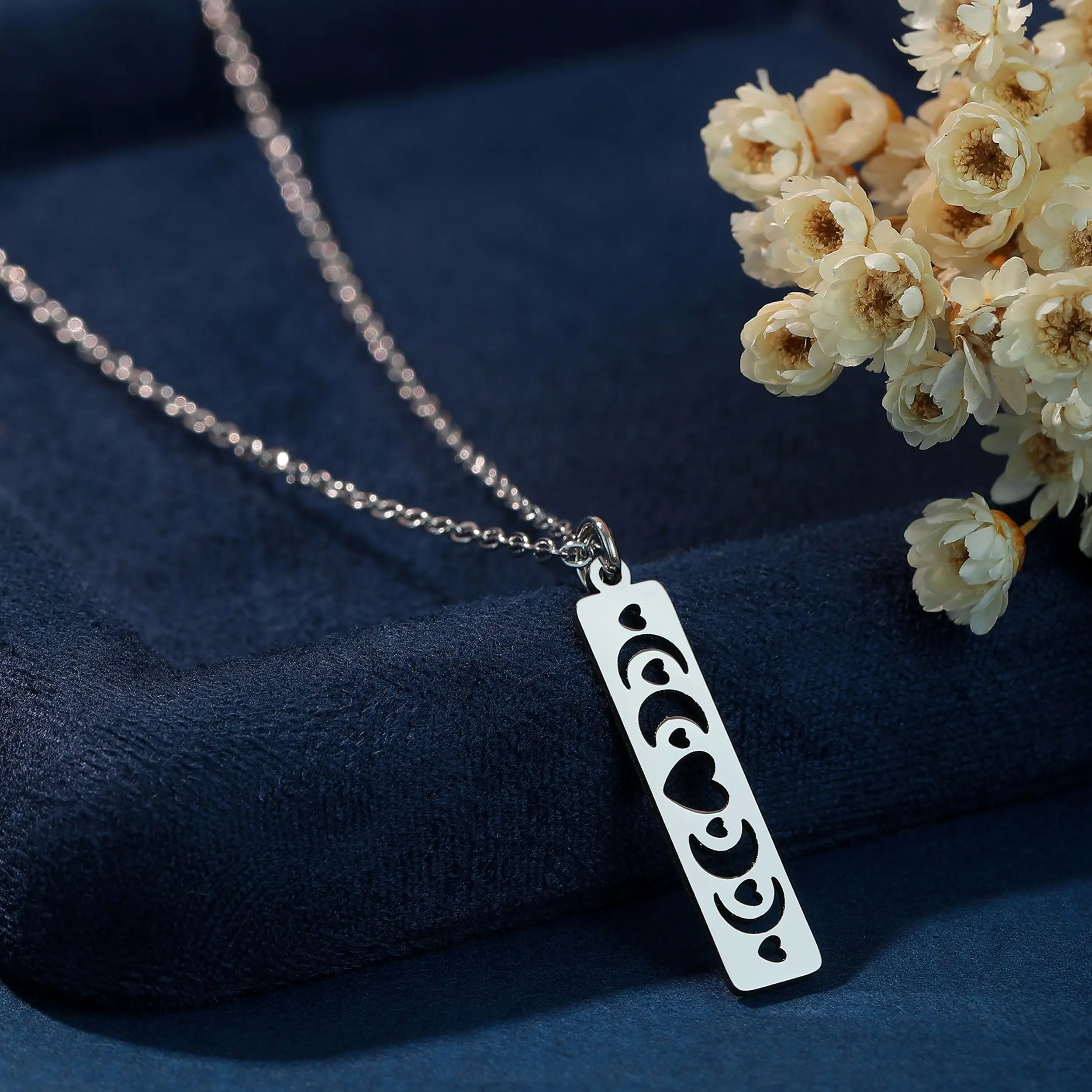 Chandler Rectangle Heart Pendant Necklace Moon Phases Heart Charm Rectangle Bar Pendant for Women Men