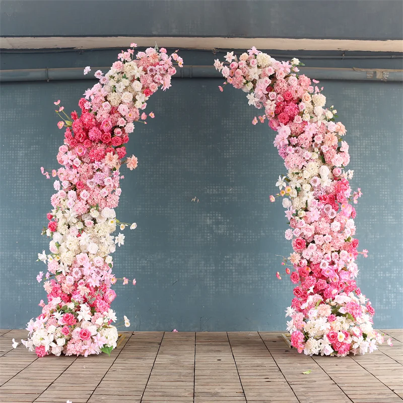 

Luxury Artificial Pink Rose Babysbreath Flowers Row Arrangement Table Floor Flower with Iron Arch for Wedding Decoration Mariage