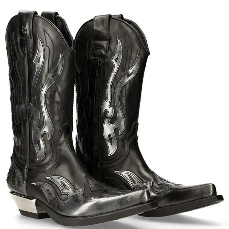 Retro-Flammen-Farbblock-Kniehohe Stiefel, Modische Spitze, Dicker Absatz, Ritterstiefel, Western-Cowboy-Luxus-Punk-Schuhe 2026 – Detail 5