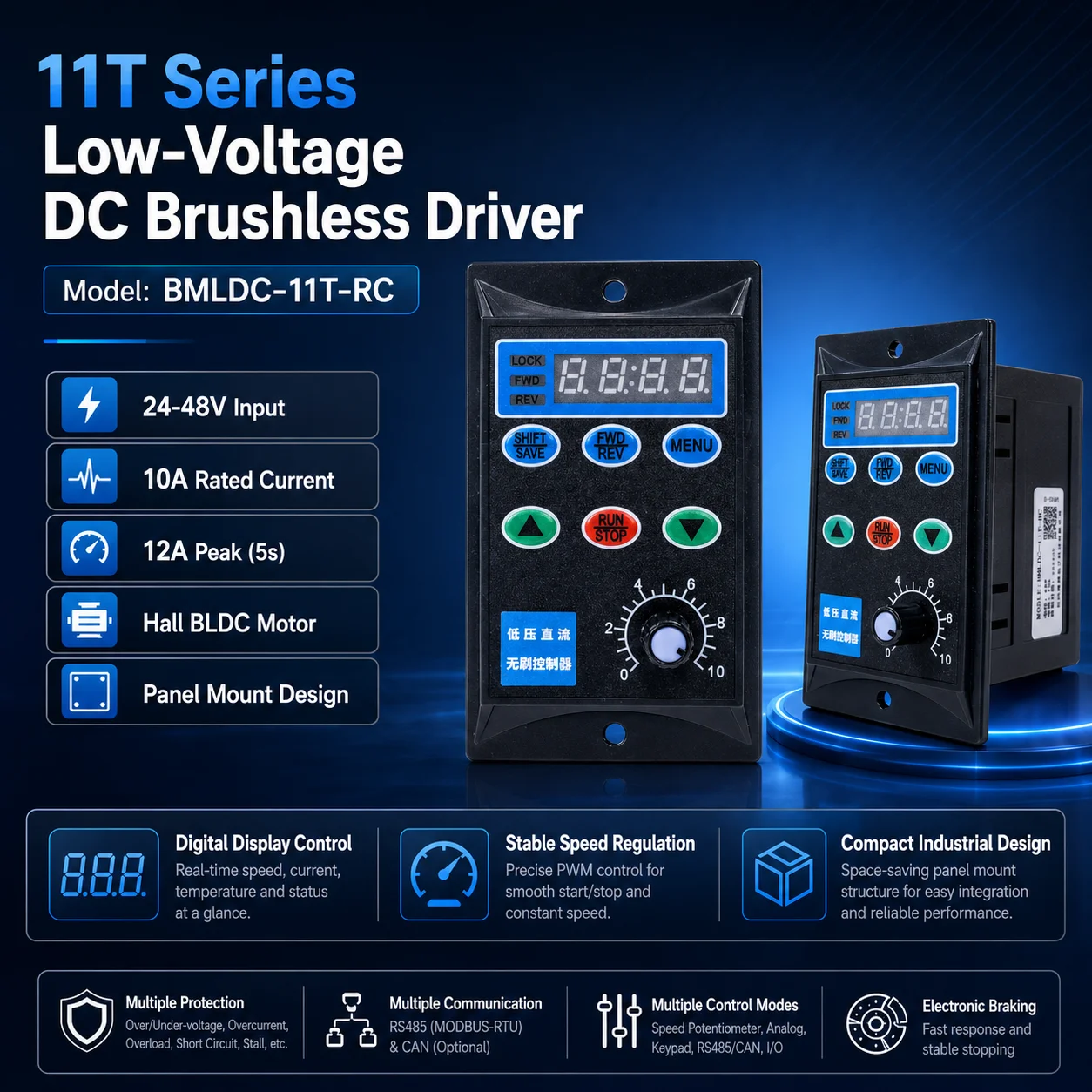 Low Voltage BLDC Motor Driver DC24-48V 240W-480W IP54 10A 11T--TE