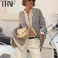 TRAF Shirts And Blouses 2024 Striped Oversize Shirts Woman Autumn Tunic Long Shirt Women Casual Satin Black Loose Fit Shirt