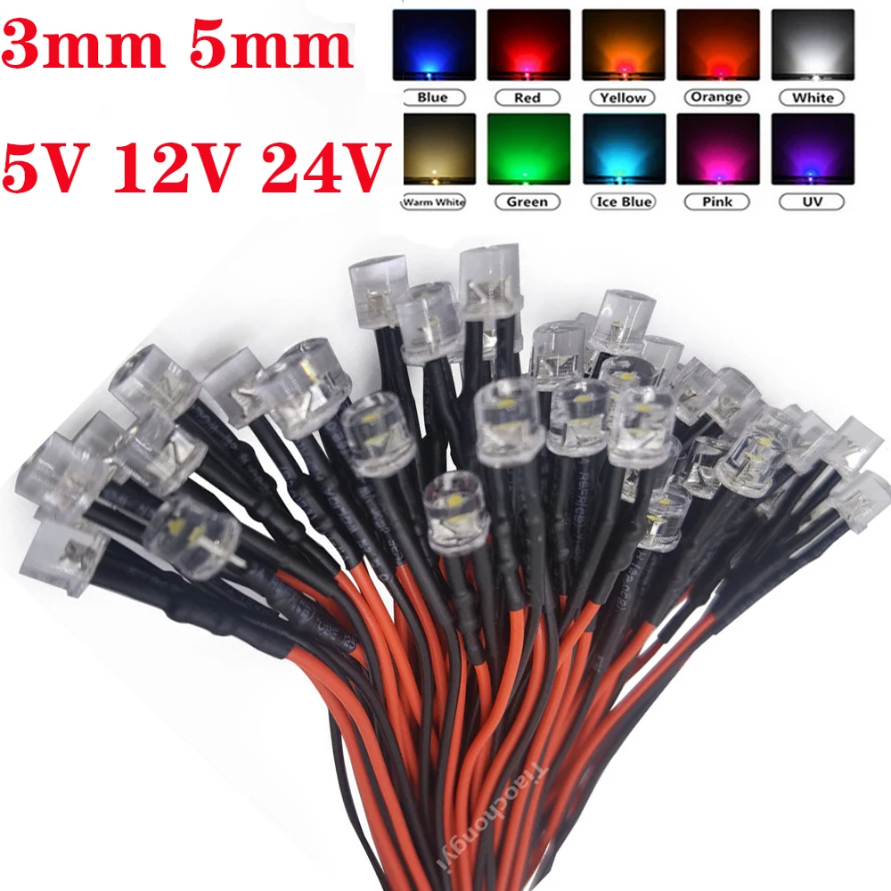 

50 шт. 3 мм/5 мм 5 В 12 В 24 В светодиодный красный RGB предварительно проводные водные прозрачные плоские светодиодные светодиоды