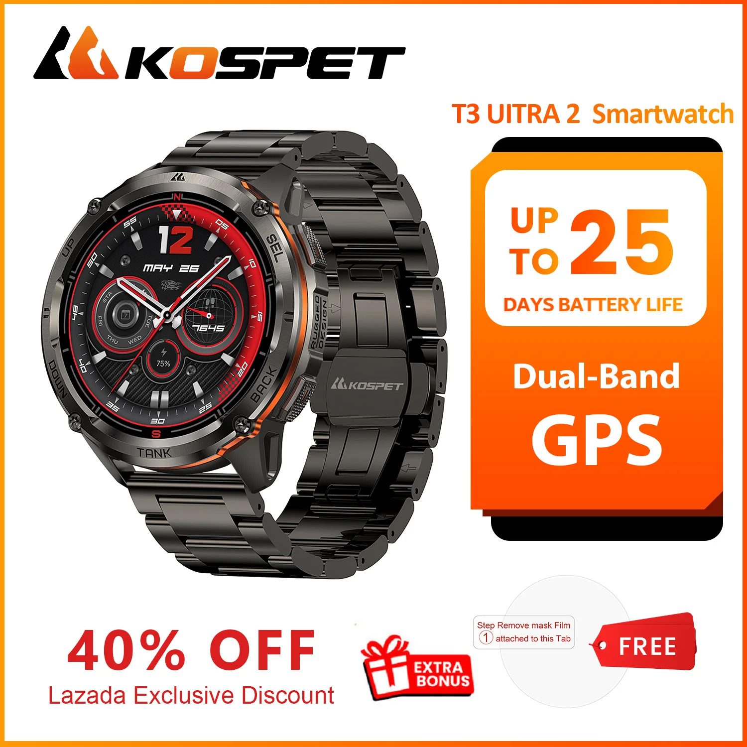 Novo Relógio Inteligente GPS KOSPET TANK T3 Ultra2 Edição Especial 2026 para Homens, Smartwatch Robusto Premium com Bússola, Altímetro e Barômetro