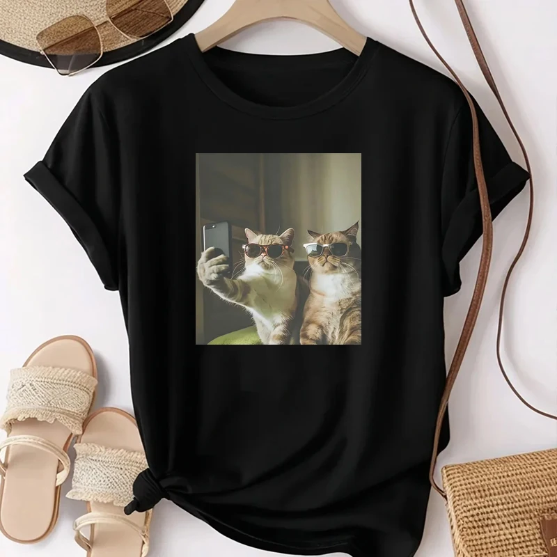 Fashion Vintage Selfie Buddy Funny Cat Meme T Shirt Men Women Harajuku Short-sleeved Cotton Hip-hop Casual T-shirts Men Clothing