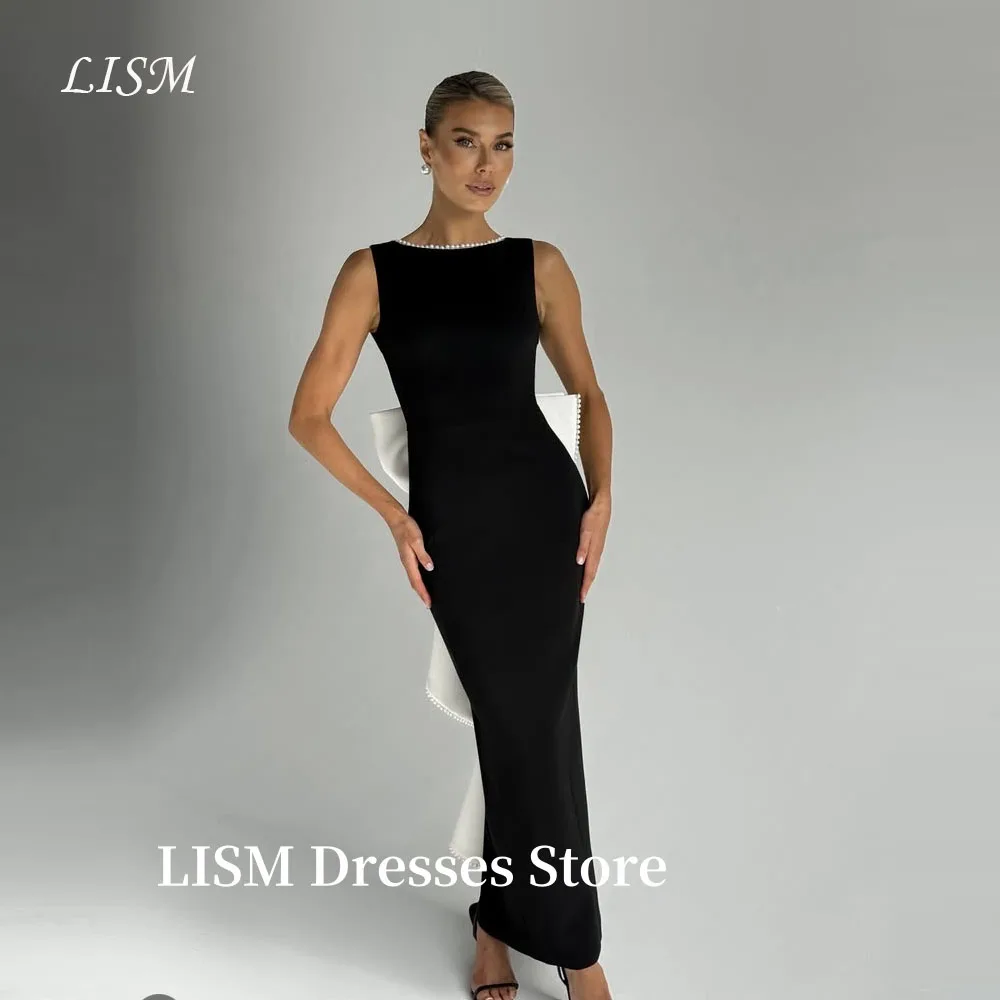 

LISM Black Formal Evening Dresses Backless Sexy Bow Back Floor Length Soft Satin Formal Party Occasion Gowns Arabic Women