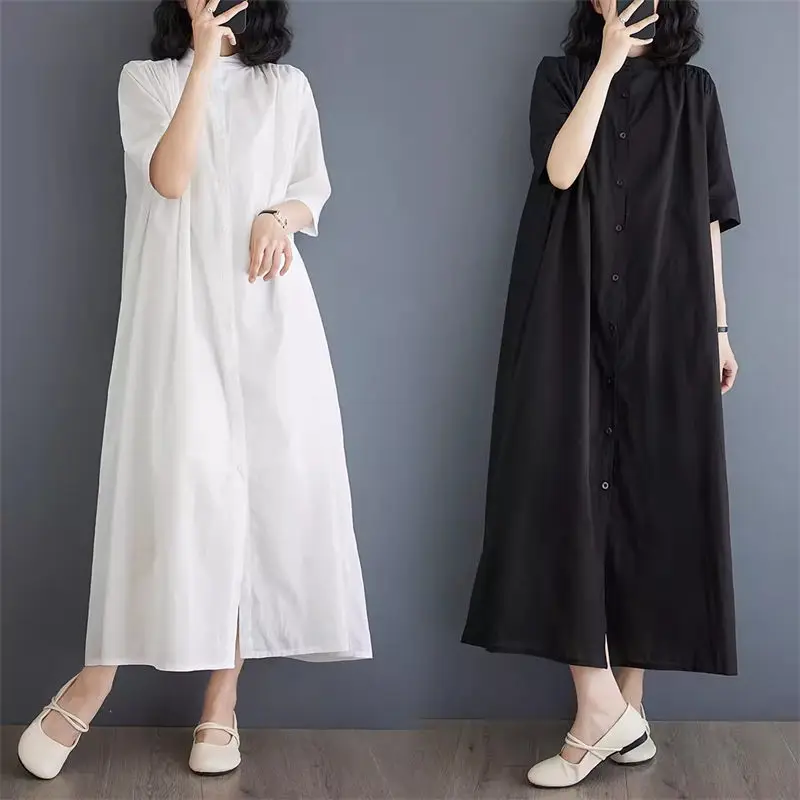 

Cotton And Linen Stand Up Collar Short Sleeved Dress For Women 2024 Summer Autumn Simple Loose Big Size Shirt Long Dress K164