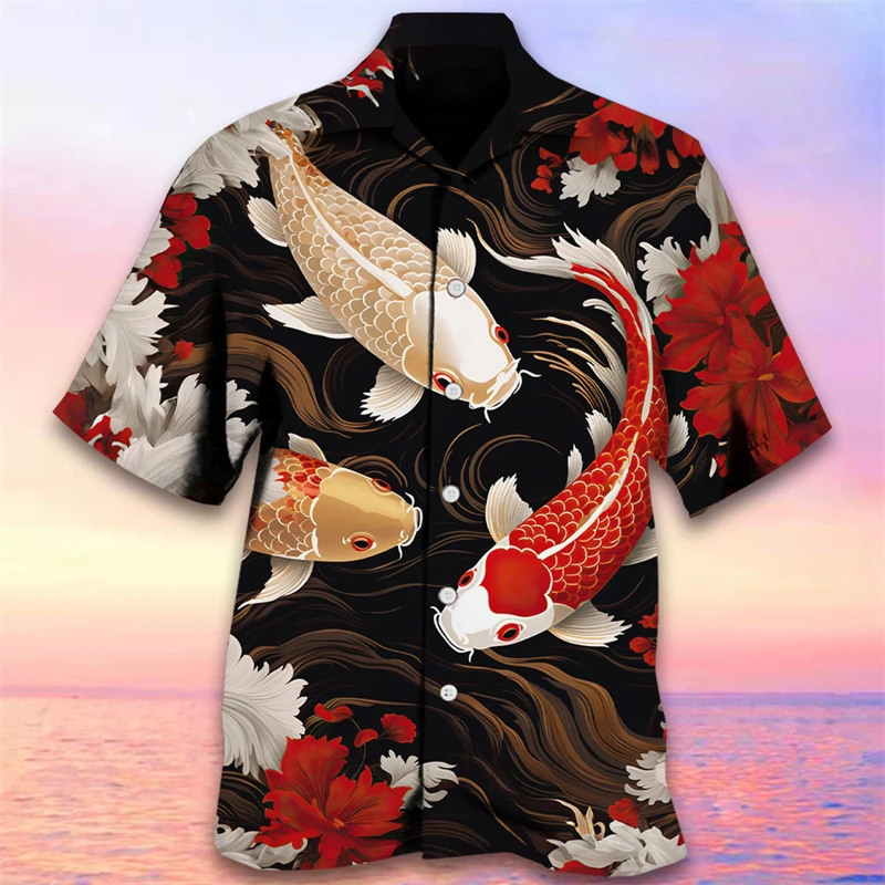 Hawaiian Carp 3D Printed Beach Shirts Hawaii Fish Shirts For Men Clothes Casual Vacation Short Sleeve Streetwear Lapel Blouse
