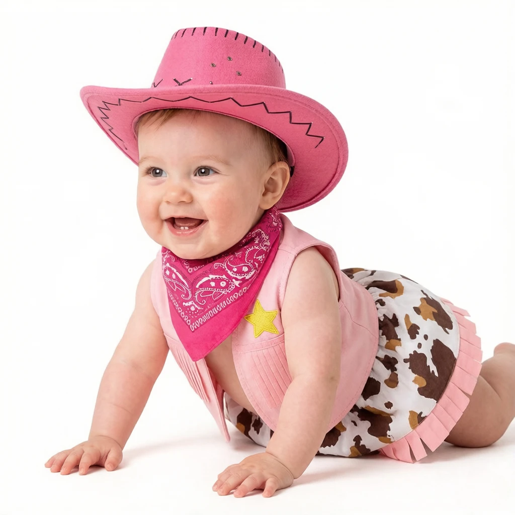 4Pcs Sweet Pink Western Cowgirl Outfit Set, stylish vest costume for stage show, perfect gift for Christmas and Thanksgiving