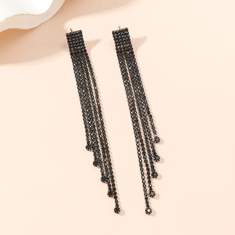 FYUAN Fashion Long Tassel Drop Earrings for Women Black Rhinestone Dangle Earring Wedding Party Jewelry