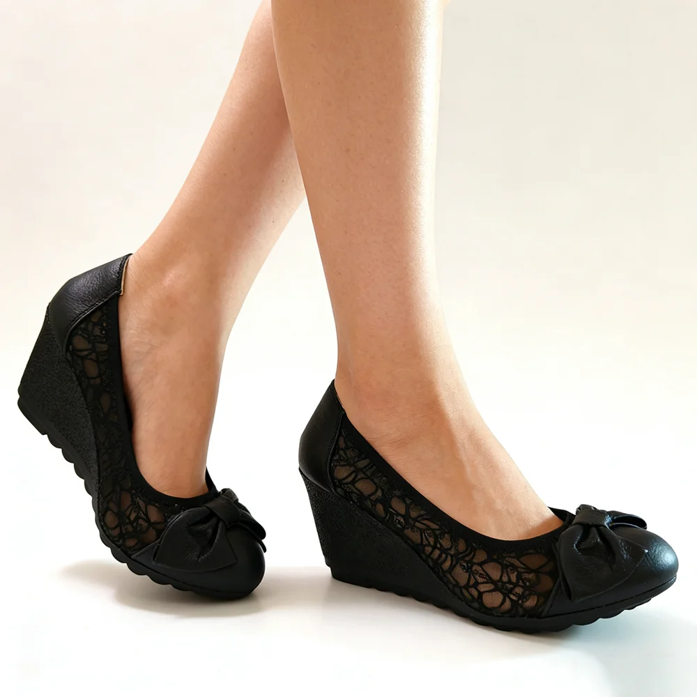 

Черные кружевные туфли на танкетке с бантом для женщин, дышащие туфли на платформе, элегантные женские туфли для офиса и вечеринок, танкетки 7 см D922