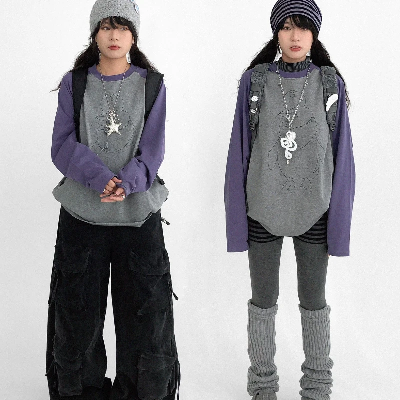 2025 Autunno Inverno Nuovo modello di stampa animale Splicing Girocollo da donna Camicia che tocca il fondo T-shirt a maniche lunghe dal design retrò da donna