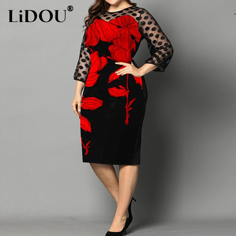 

Spring Autumn Polka Dot Lace Patchwork Plus Size Mid-Calf Dress Women Oversized Flowers Elegant Print Long Sleeve Party Dress