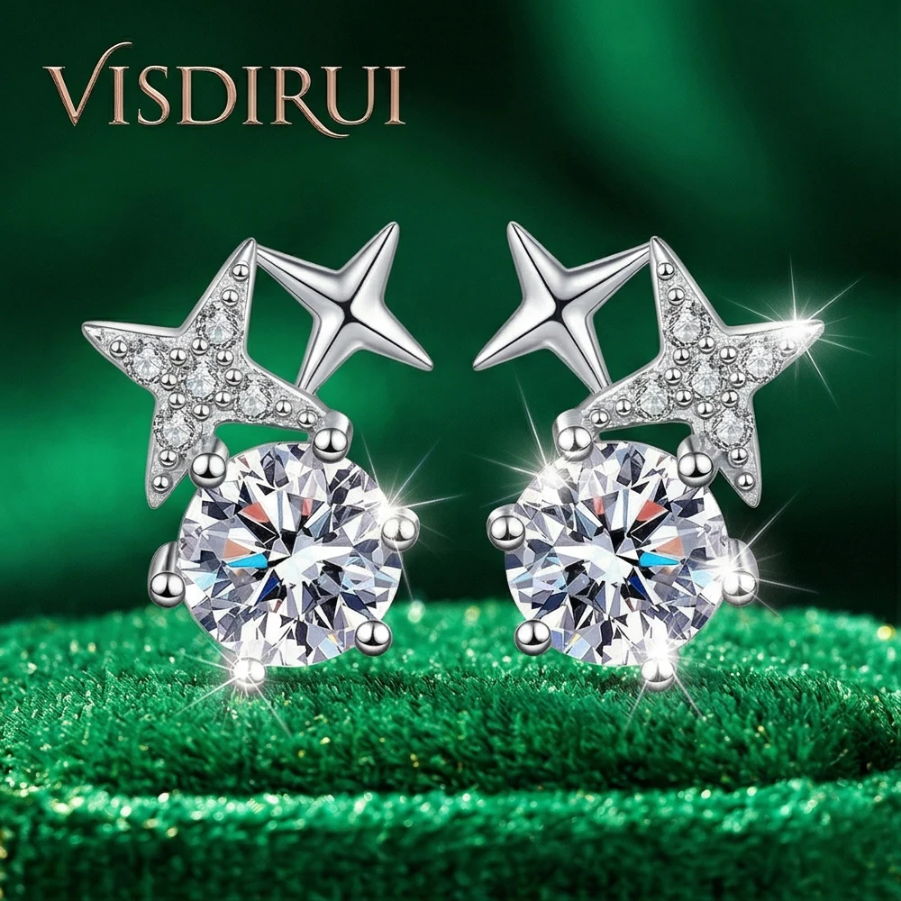 

VISDIRUI D Color Moissanite Star Stud Earrings S925 Silver 0.5ct Round Cut Hypoallergenic Celestial Jewelry Gift Her