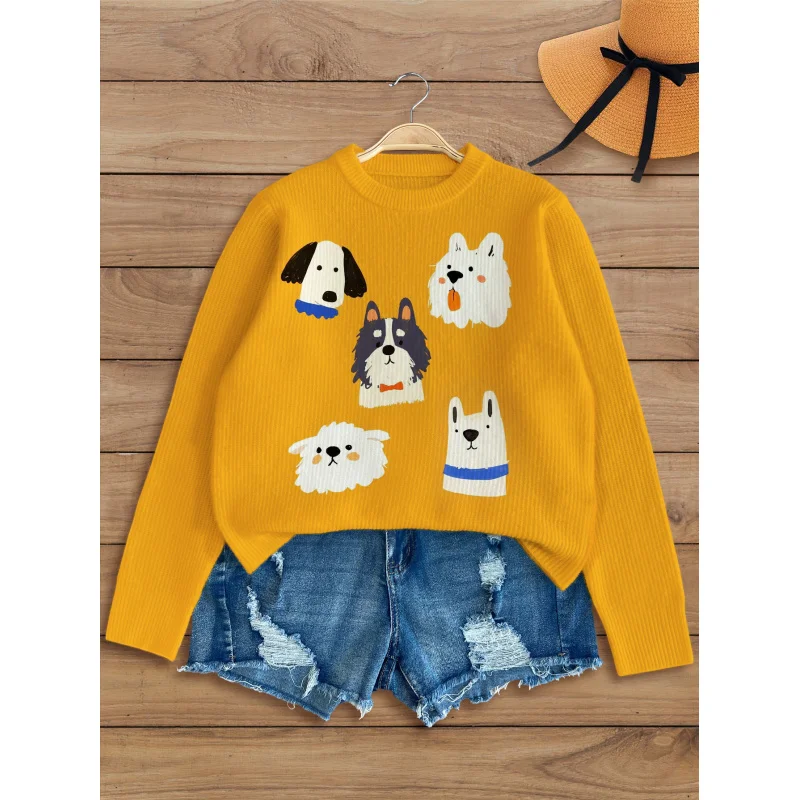

Yellow Bottomed Dog Print Knit Cardigan Women's Autumn Winter Button-Up Sweater, Loose Fit, Warm Casual Fashion Gift