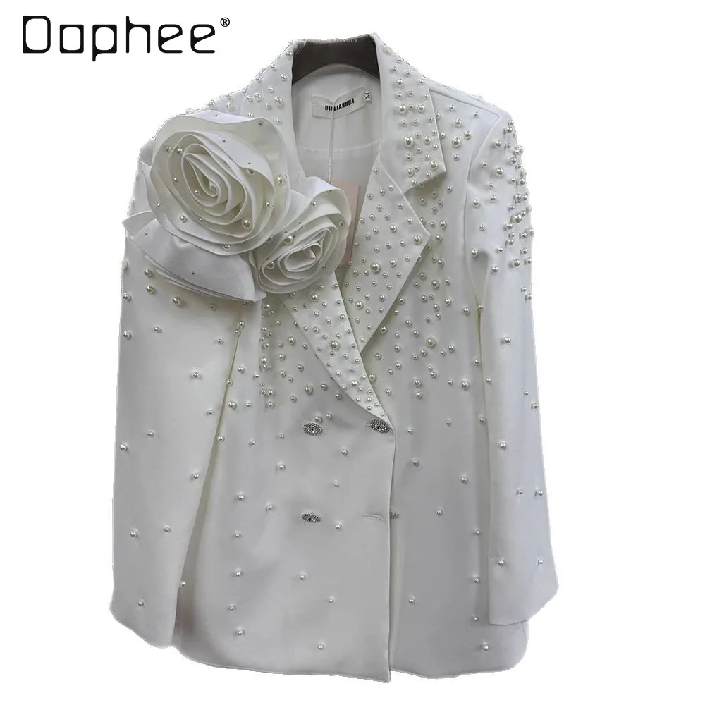 

Heavy Beaded Three-Dimensional Flower Blazer Office Lady Long Sleeve Double-Breasted Light Luxury Women's Suit Spring Autumn New