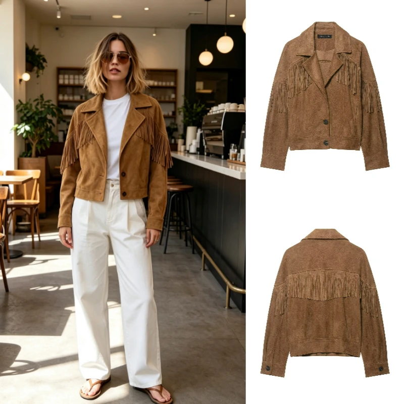 Women's Faux Suede Jacket 2026 Autumn New Fashion Fringe Lapel Button Short Western Style Coat