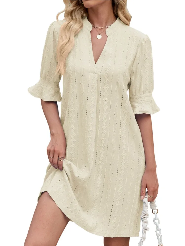 

Dresses For Women Solid Color Five Point Half Sleeves V Neck Loose Dress Skin-Friendly Vacation Beach Style Sundress Robe Femmes