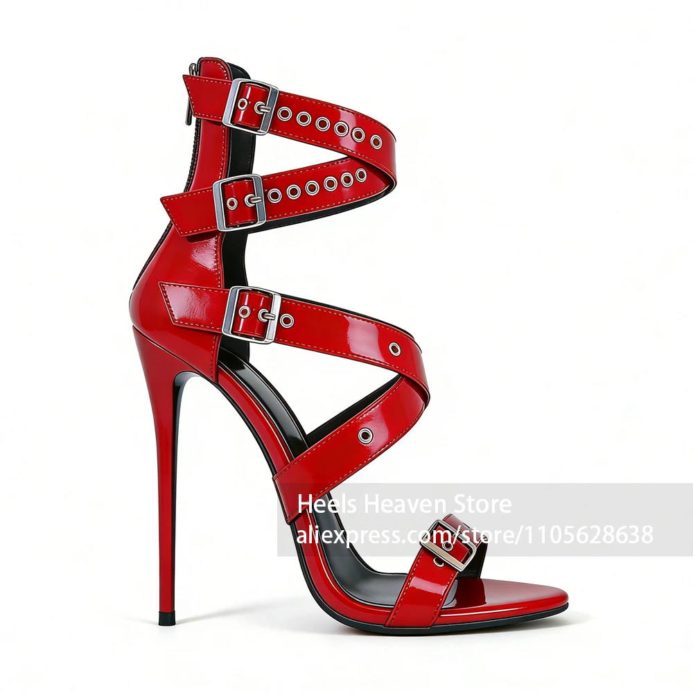 16cm Ultra High Royal Blue Patent Lacquered Heels Multiple Buckle Gladiator Stiletto Sandals Open Toe Sexy Nightclub Party Shoes view 6