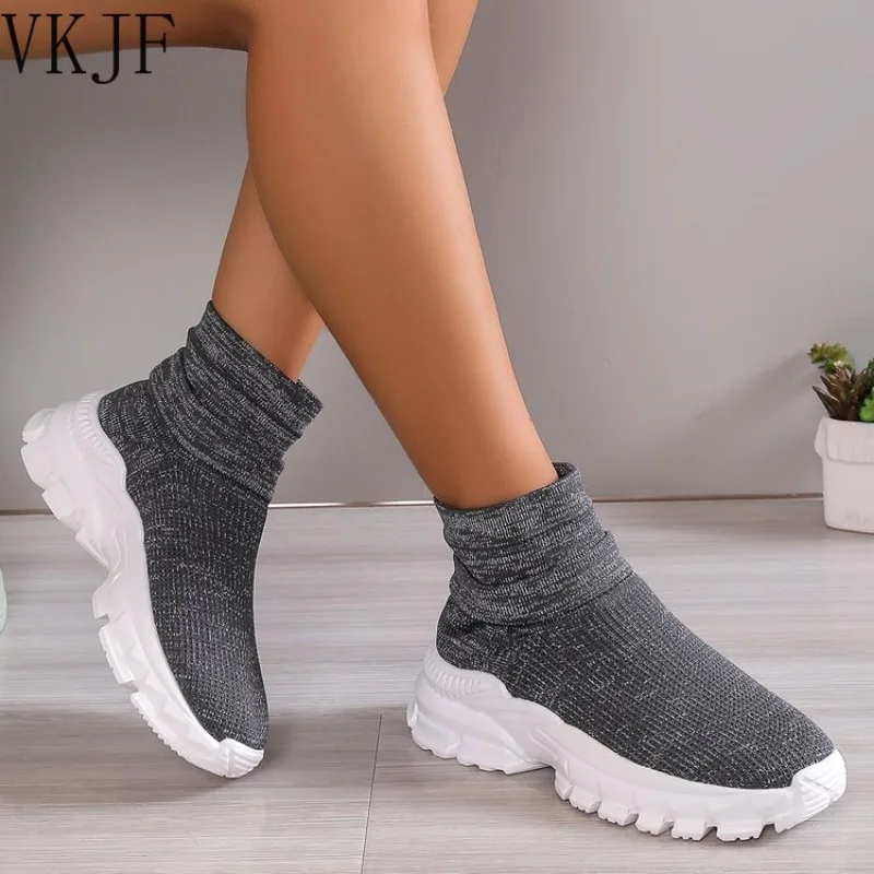 

Stretch Knitting Platform Sock Boots Women Autumn Winter Non-Slip Ankle Botas Mujer Thick Sole High Top Vulcanized Shoes Female