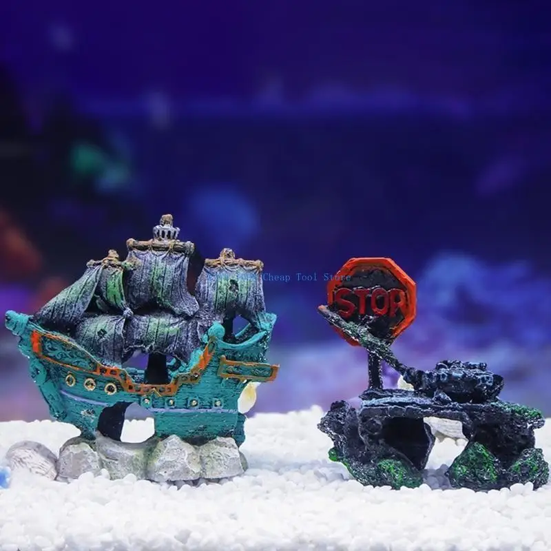 

G6KA Aquariums Resin Wrecked Ship Fishtanks Ornament Shrimp Fish Hideouts House Landscape Shipwreck Fishtanks Underwater Decors