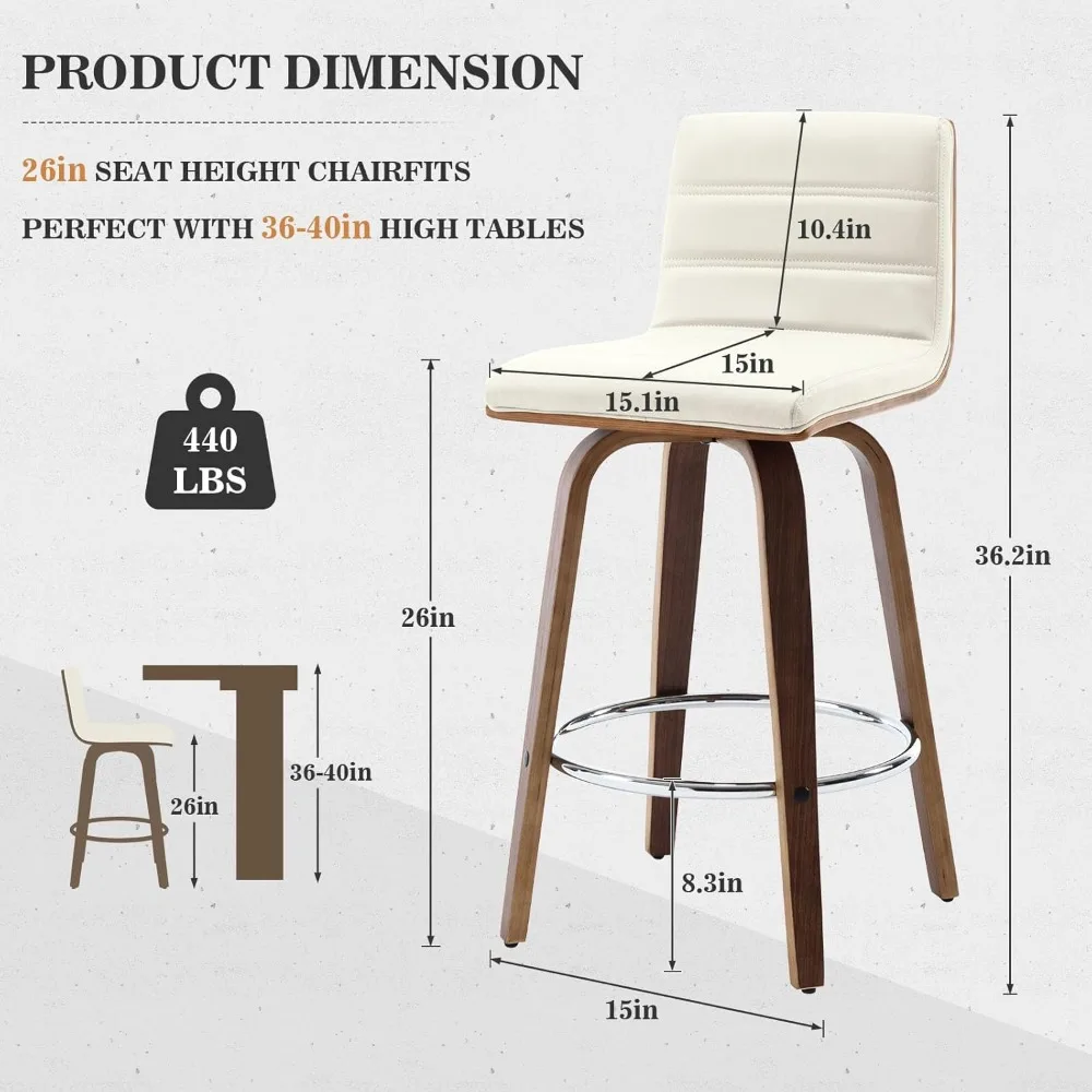 Bar Stools 26 Inch Counter Height, Set of 3, PU Leather Swivel Counter Stools with Backs, L Shape Back and Bentwood Legs