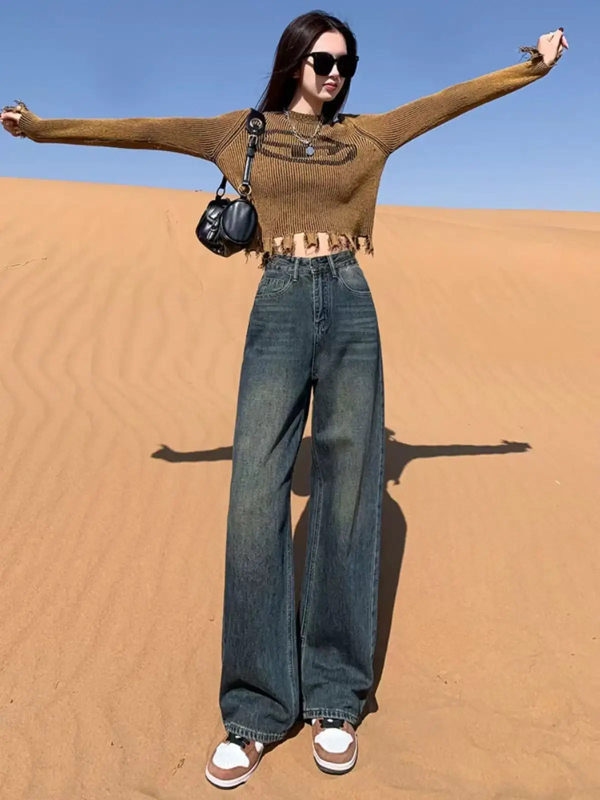 

Женские джинсы Мешковатые джинсы Y2k Синие винтажные потертые потертые прямые брюки с высокой талией Свободный крой Широкие брюки