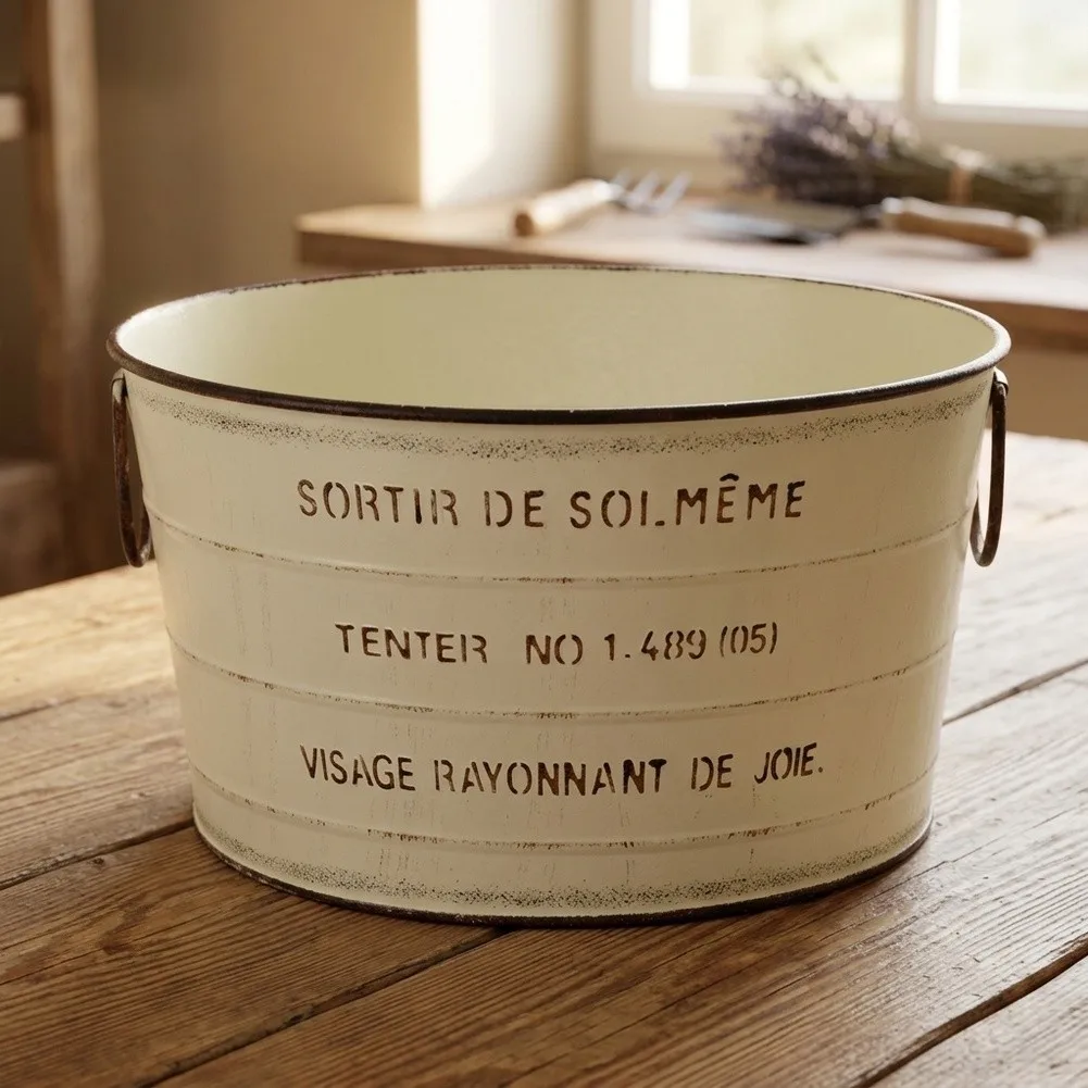 Embossed Letter Decor Distressed Iron Pot Smooth Rolled Edges Curved Design Safety Charming Countryside Aesthetic