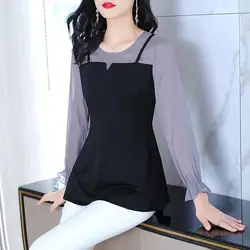 Female Clothing Commute Solid Color Patchwork Blouse Spring Autumn Long Sleeve Fashion Korean Round Neck Slim All-match Shirt