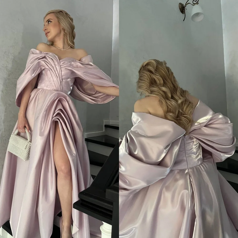 Customized Elegant Off the Shoulder Sleeveless Evening Dress High Quality Satin Prom Dresses Delicate Bridal Party Gowns
