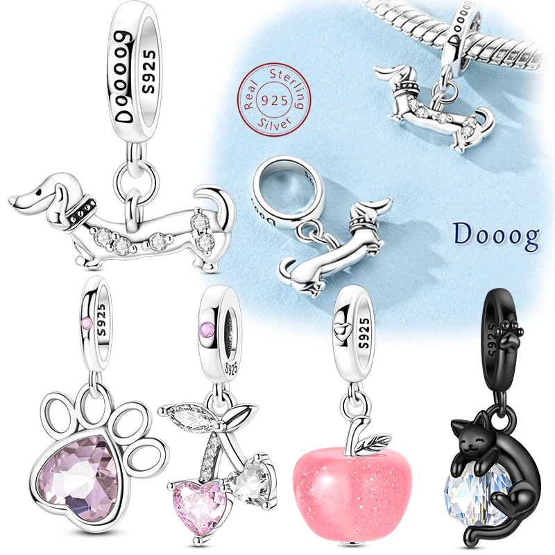 

Оригинальный стерлингового серебра 925 пробы, такса, черный кот, подвески, бусины, подвеска в виде домашнего животного, яблока, подходит для браслета, сделай сам, для женщин, ювелирные аксессуары