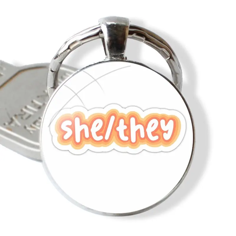 Keychain Handmade Glass Cabochon Key Ring Holder Pendant Key Chains She They Pronoun Sticker Bi Pride