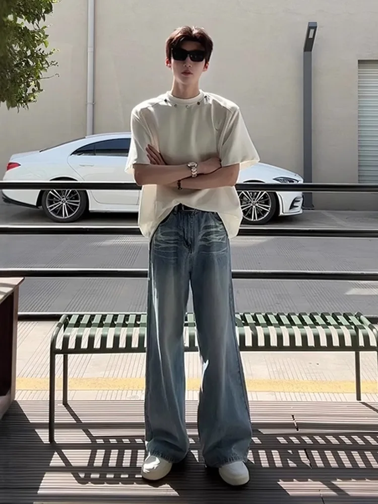 

Pansk Men's Slim Fit High Waist Blue Jeans Ice Blue Thin Straight Leg Knife Casual Summer Faion Youthful Straight Cut