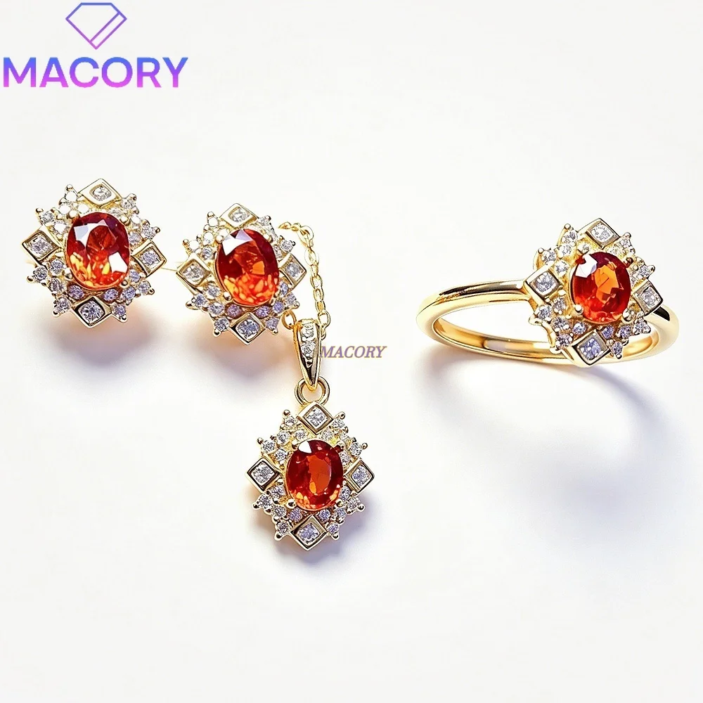 925 Sterling Silver Natural Mandarin Garnet Jewelry Set Vintage Fashion Trendy Versatile Gift for Valentine's Day Anniversaries