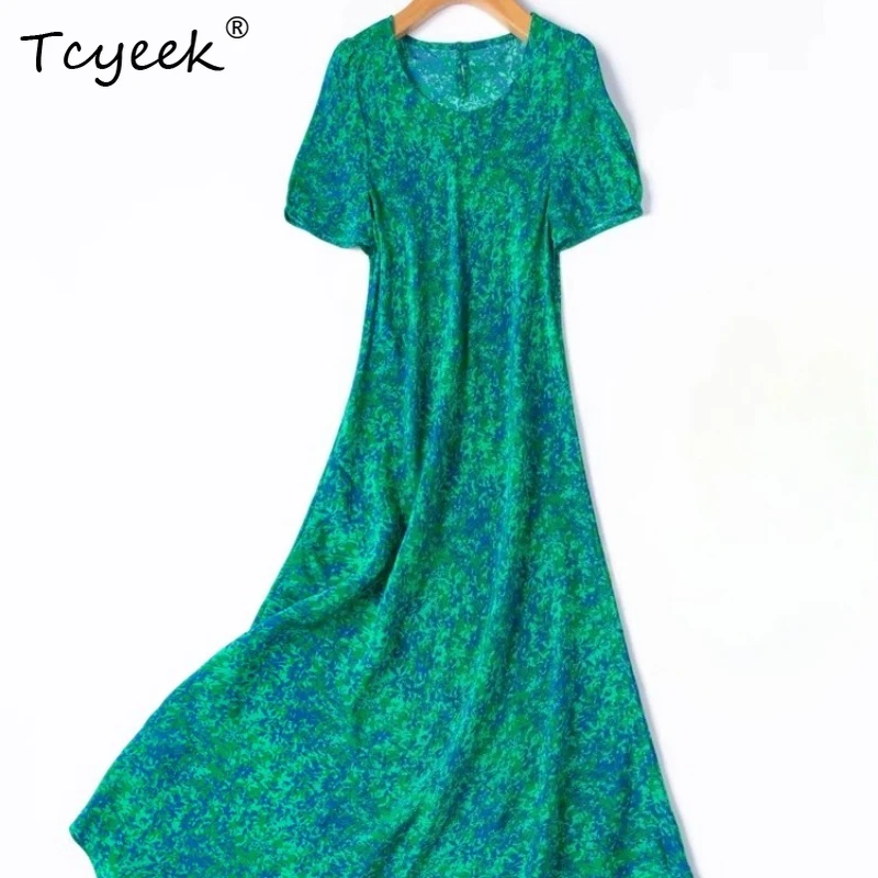 Tcyeek 100% Real Mulberry Silk Dress for Women 2026 Summer Slim-fit Dresses Fashion Printed Clothes for Ladies Vestidos De Mujer