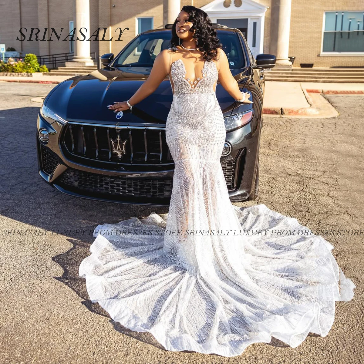 فساتين سهرة فاخرة بحورية البحر مخصصة فساتين دانتيل ذيل فرشاة الماس عيد ميلاد رداء بدون أكمام رسمي فيستدوس دي غالا