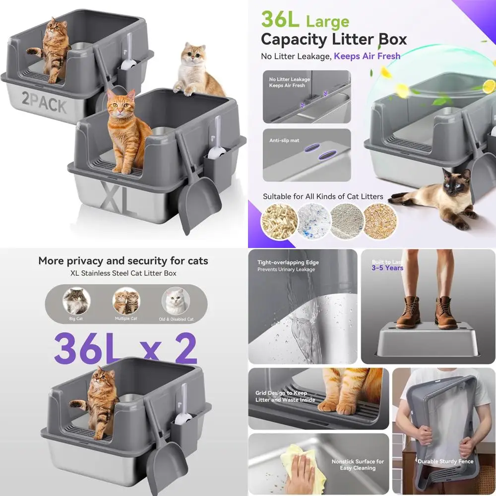 

Очень большой закрытый металлический лоток для кошек с высокими бортиками для контроля запаха и легкой очистки, серый