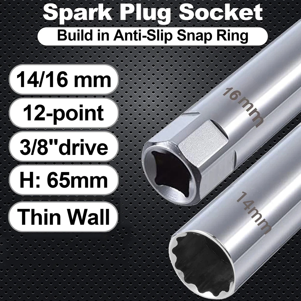 Spark Plug Socket 14mm 16mm Connector 3/8 Inch Drives 12 Point Chrome Steel Spark Plug Sleeve Wrench Spring Clips Removal Tool