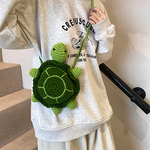 Imagen 1 del producto Bolso de tortuga de punto de dibujos animados, bolso cruzado Diagonal de hombro con tortuga para padres e hijos, bolso tejido con gancho hecho a mano, billetera