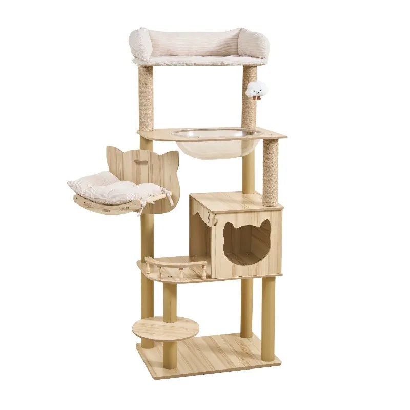 All‑In‑One Large Wooden Cat Tree Tower With House Space Capsule Space‑Saving Cat Climbing Furniture For Indoor Cats